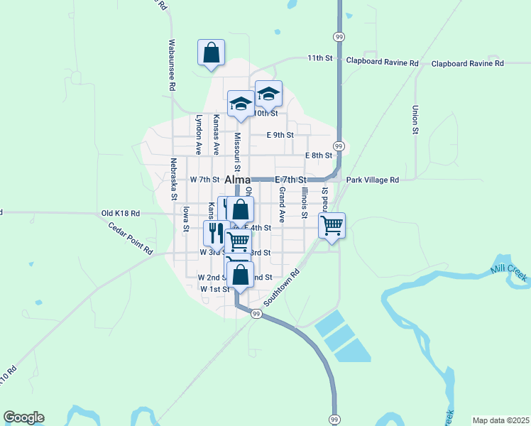 map of restaurants, bars, coffee shops, grocery stores, and more near 200-248 E 6th St in Alma
