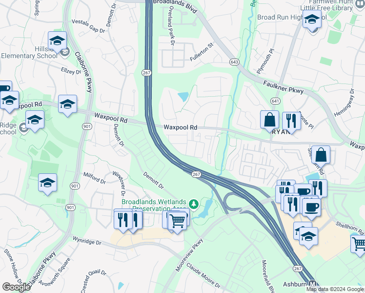 map of restaurants, bars, coffee shops, grocery stores, and more near 43323 Foyt Terrace in Ashburn