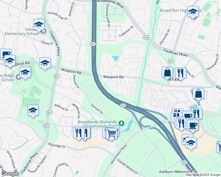 map of restaurants, bars, coffee shops, grocery stores, and more near 43279 Foyt Terrace in Ashburn