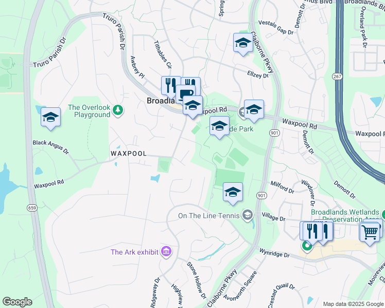 map of restaurants, bars, coffee shops, grocery stores, and more near 21758 Poole Court in Ashburn