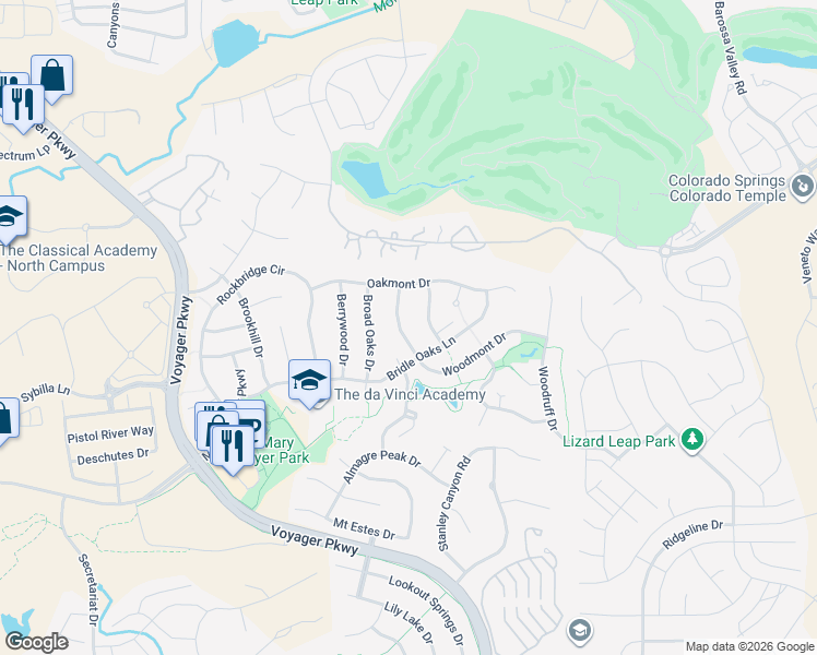 map of restaurants, bars, coffee shops, grocery stores, and more near 12614 Woodmont Drive in Colorado Springs