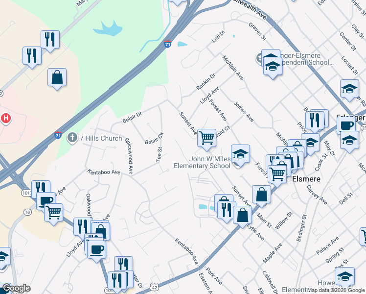 map of restaurants, bars, coffee shops, grocery stores, and more near 409 Cooper Pass in Erlanger