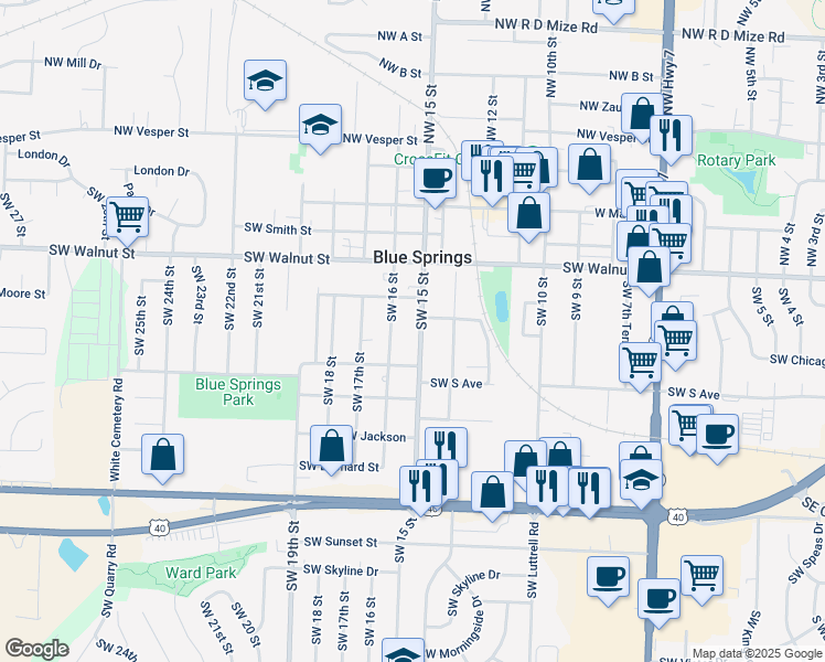 map of restaurants, bars, coffee shops, grocery stores, and more near 408 Southwest 16 Street in Blue Springs