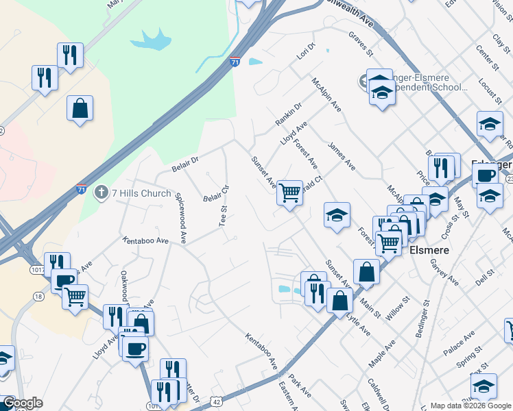 map of restaurants, bars, coffee shops, grocery stores, and more near 409 Cooper Pass in Erlanger