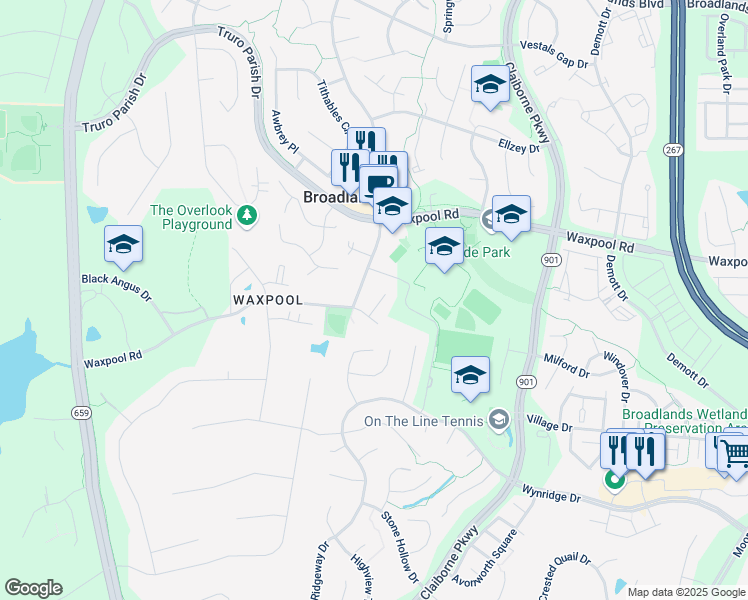map of restaurants, bars, coffee shops, grocery stores, and more near 21763 Poole Court in Ashburn