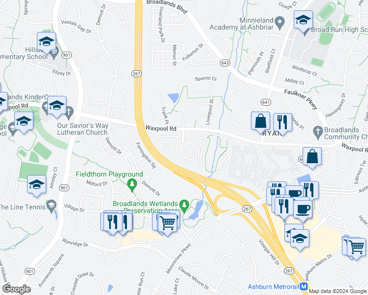 map of restaurants, bars, coffee shops, grocery stores, and more near 21761 Harroun Terrace in Ashburn