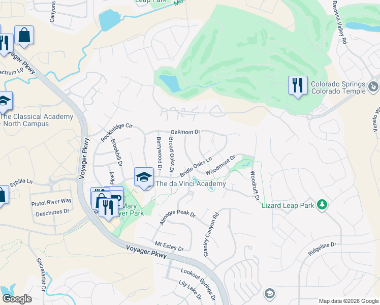 map of restaurants, bars, coffee shops, grocery stores, and more near 12614 Woodmont Drive in Colorado Springs