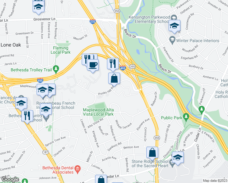 map of restaurants, bars, coffee shops, grocery stores, and more near 8 Dudley Court in Bethesda