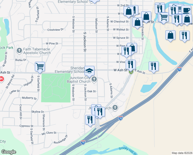 map of restaurants, bars, coffee shops, grocery stores, and more near 824 South Madison Street in Junction City