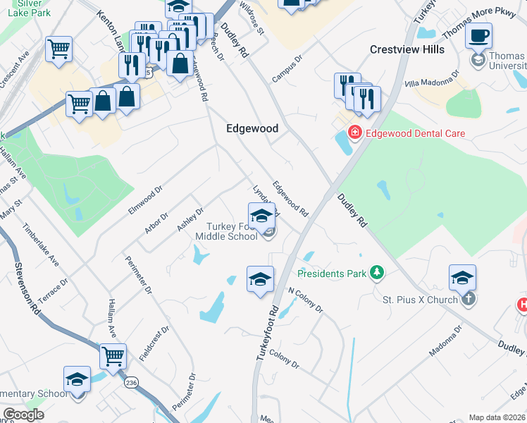 map of restaurants, bars, coffee shops, grocery stores, and more near 126 Lyndale Road in Edgewood