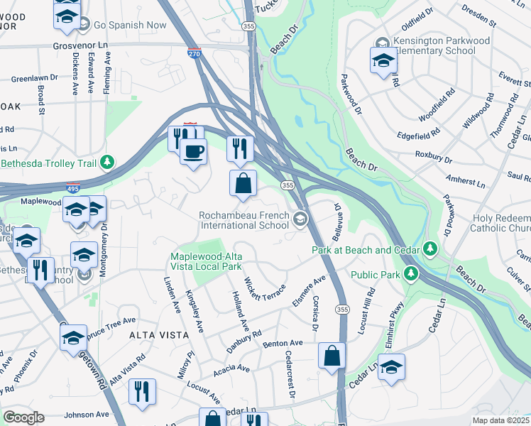 map of restaurants, bars, coffee shops, grocery stores, and more near 5114 Dudley Lane in Bethesda