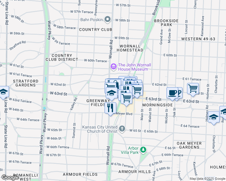 map of restaurants, bars, coffee shops, grocery stores, and more near 236 West 62 Terrace in Kansas City