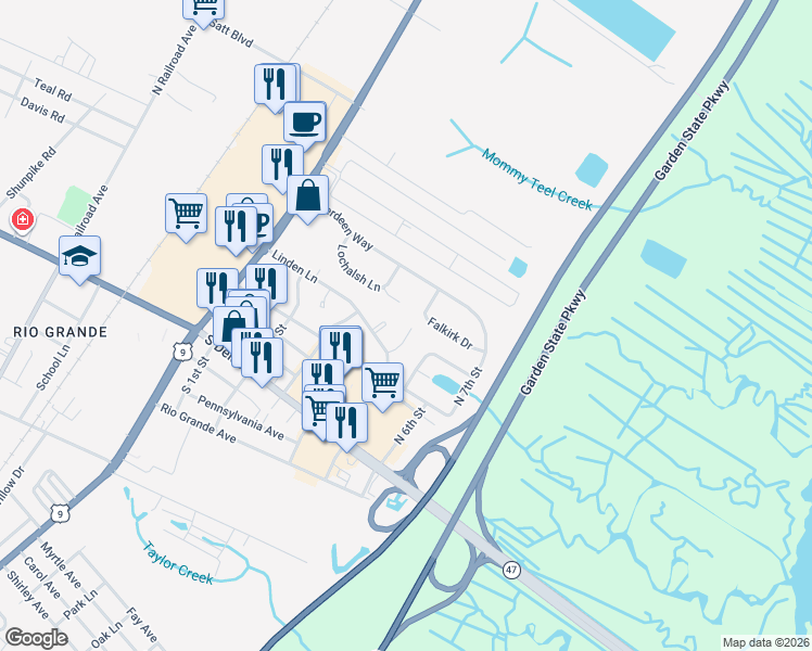 map of restaurants, bars, coffee shops, grocery stores, and more near 9 North 4th Street in Middle Township
