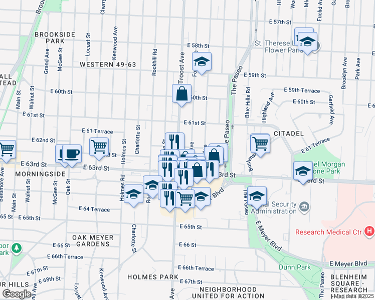 map of restaurants, bars, coffee shops, grocery stores, and more near 6200 Forest Avenue in Kansas City