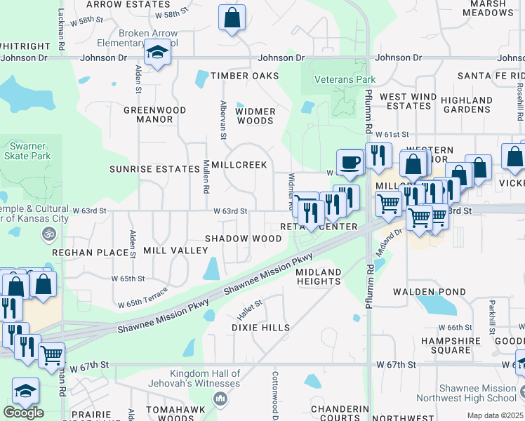 map of restaurants, bars, coffee shops, grocery stores, and more near 14010 West 63rd Street in Shawnee
