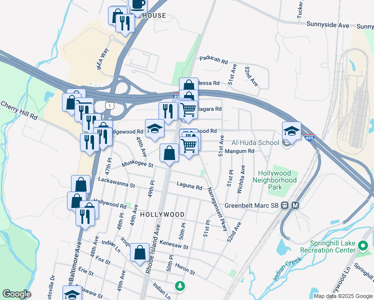 map of restaurants, bars, coffee shops, grocery stores, and more near 9827 Rhode Island Avenue in College Park