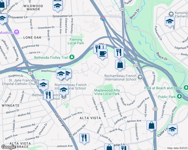 map of restaurants, bars, coffee shops, grocery stores, and more near 5302 Pooks Hill Road in Bethesda