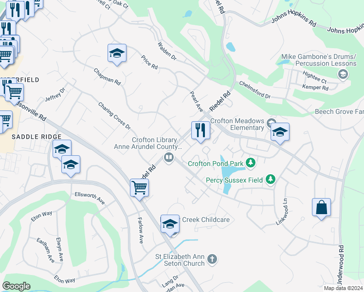 map of restaurants, bars, coffee shops, grocery stores, and more near 1683 Hart Court in Crofton