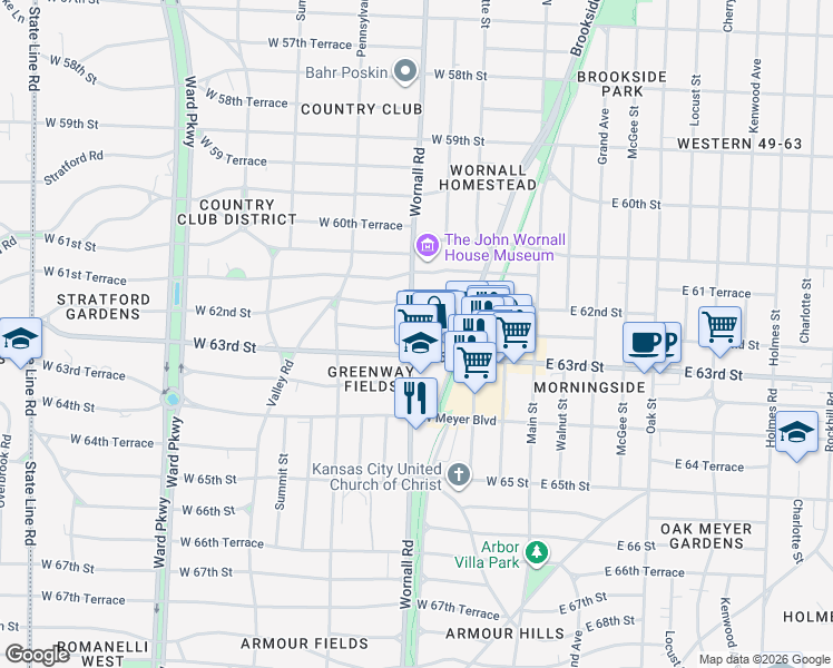 map of restaurants, bars, coffee shops, grocery stores, and more near 236 West 62 Terrace in Kansas City
