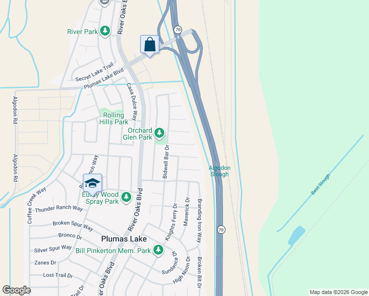 map of restaurants, bars, coffee shops, grocery stores, and more near 1408 Roaring Camp Court in Plumas Lake