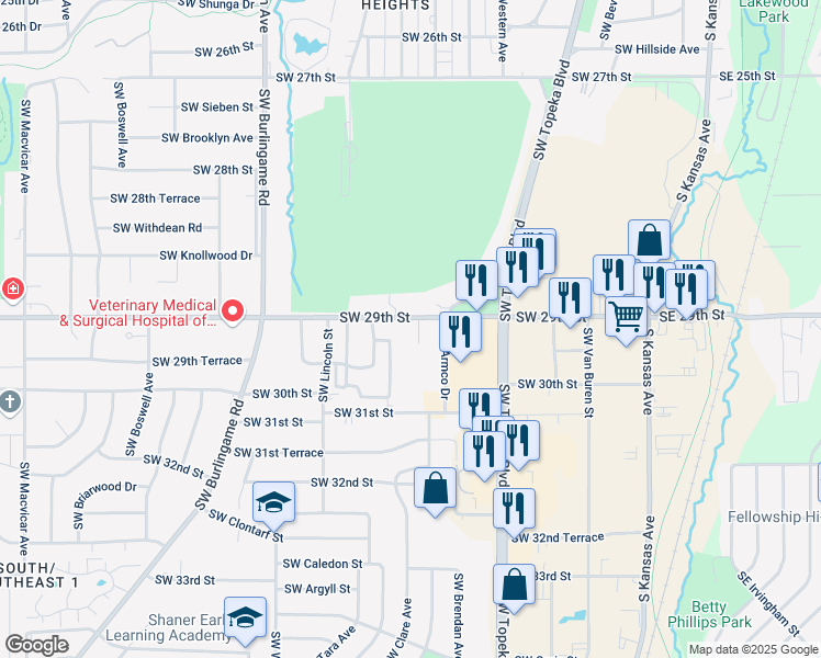 map of restaurants, bars, coffee shops, grocery stores, and more near 2933 Southwest Central Park Avenue in Topeka