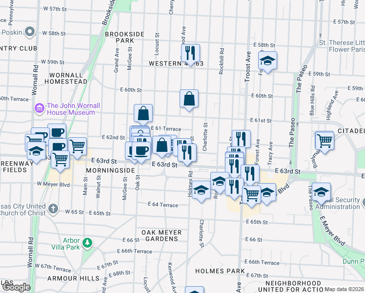 map of restaurants, bars, coffee shops, grocery stores, and more near 6150 Holmes Street in Kansas City