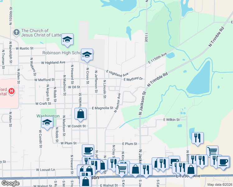 map of restaurants, bars, coffee shops, grocery stores, and more near 1100-1104 North Rector Avenue in Robinson