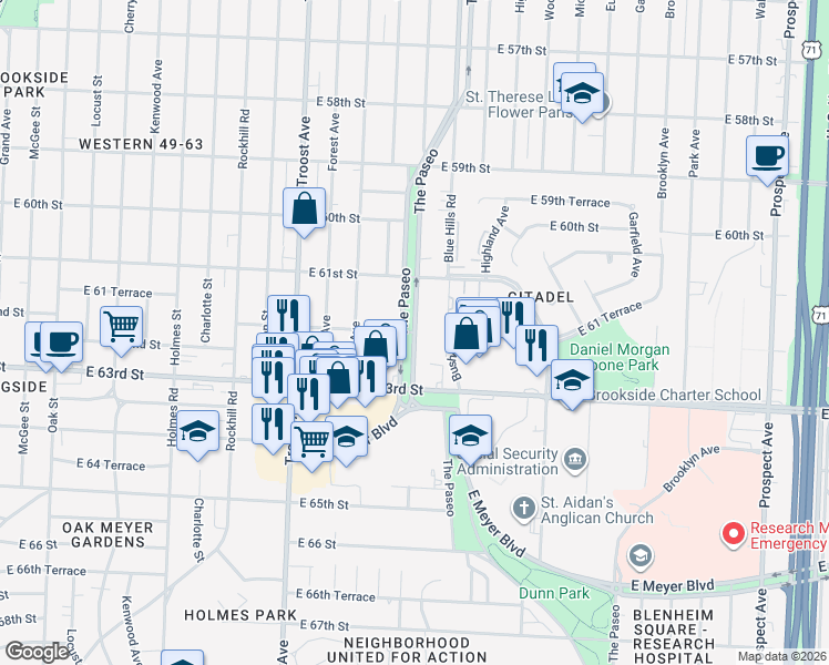 map of restaurants, bars, coffee shops, grocery stores, and more near Paseo Blvd & E 62nd St in Kansas City
