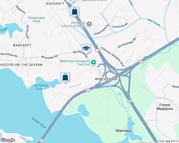 map of restaurants, bars, coffee shops, grocery stores, and more near 101 Summers Run in Annapolis