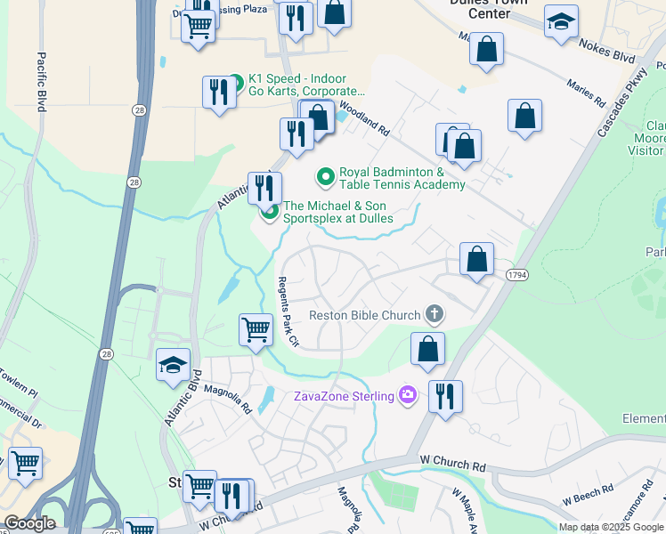 map of restaurants, bars, coffee shops, grocery stores, and more near 21727 Ladbroke Grove Court in Sterling