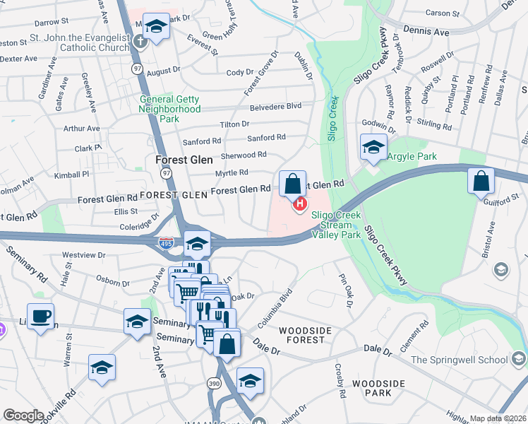 map of restaurants, bars, coffee shops, grocery stores, and more near 9708 Dameron Drive in Silver Spring