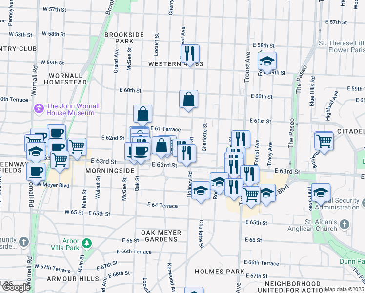 map of restaurants, bars, coffee shops, grocery stores, and more near 6150 Holmes Street in Kansas City
