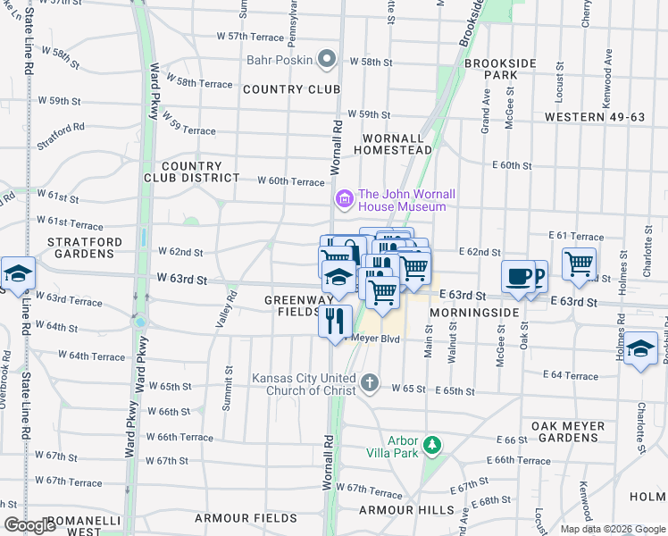 map of restaurants, bars, coffee shops, grocery stores, and more near 236 West 62 Terrace in Kansas City