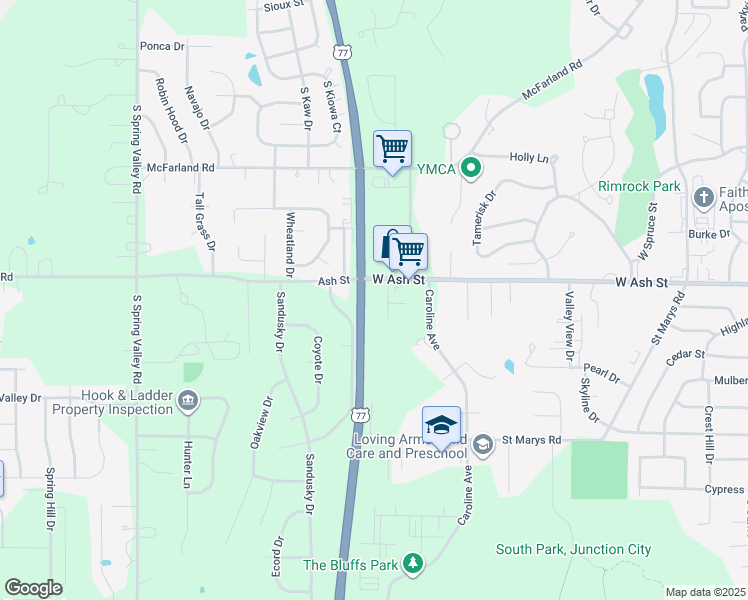 map of restaurants, bars, coffee shops, grocery stores, and more near 906 Westridge Drive in Junction City