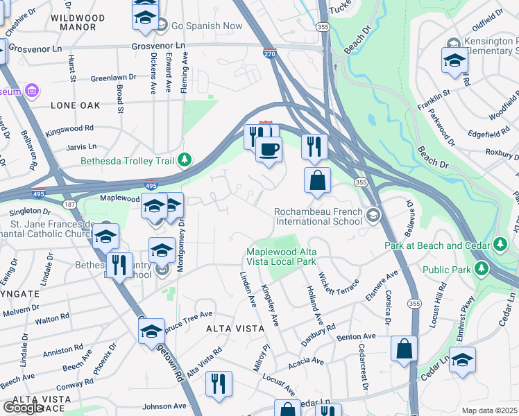 map of restaurants, bars, coffee shops, grocery stores, and more near 5335 Pooks Hill Road in Bethesda