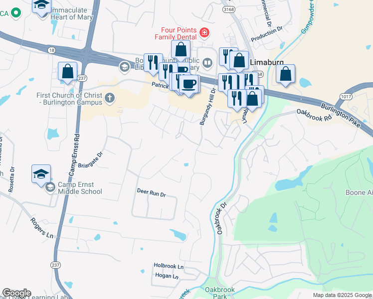 map of restaurants, bars, coffee shops, grocery stores, and more near 1719 Hunters Trce in Burlington