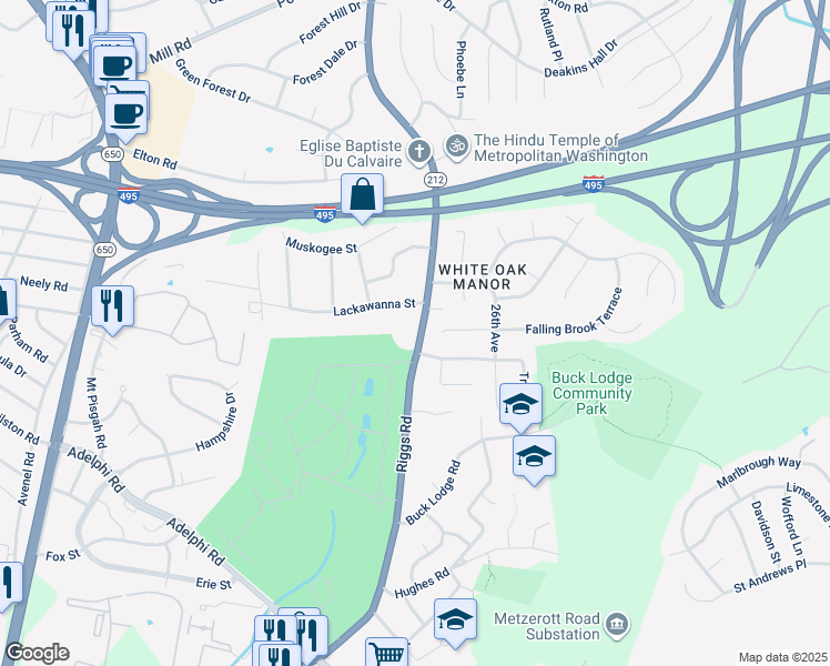 map of restaurants, bars, coffee shops, grocery stores, and more near 9606 Riggs Road in Adelphi