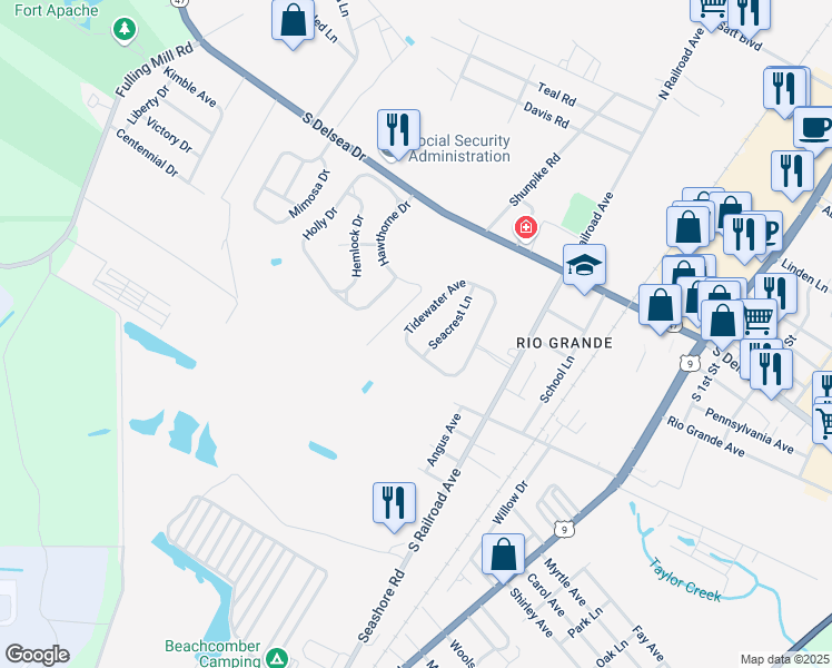 map of restaurants, bars, coffee shops, grocery stores, and more near 1401 Tidewater Avenue in Rio Grande