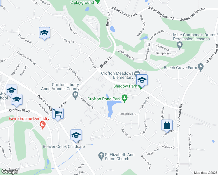 map of restaurants, bars, coffee shops, grocery stores, and more near 1918 Ardenwood Terrace in Crofton