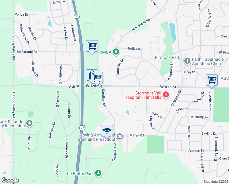 map of restaurants, bars, coffee shops, grocery stores, and more near 902 Windwood Drive in Junction City