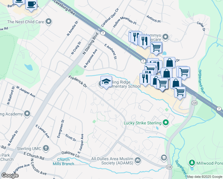 map of restaurants, bars, coffee shops, grocery stores, and more near 46725 Summit Terrace in Sterling