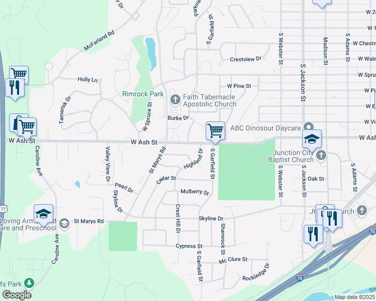 map of restaurants, bars, coffee shops, grocery stores, and more near 1021 West Ash Street in Junction City