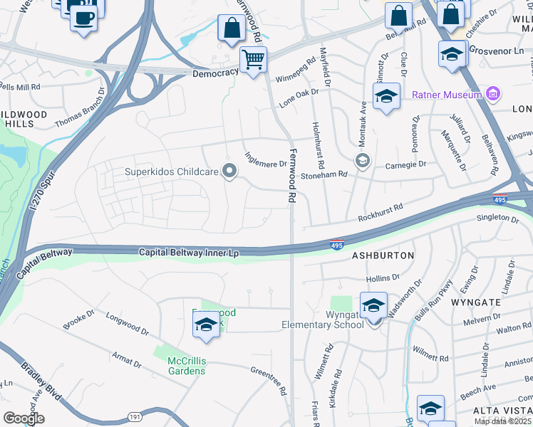 map of restaurants, bars, coffee shops, grocery stores, and more near 6701 Renita Lane in Bethesda