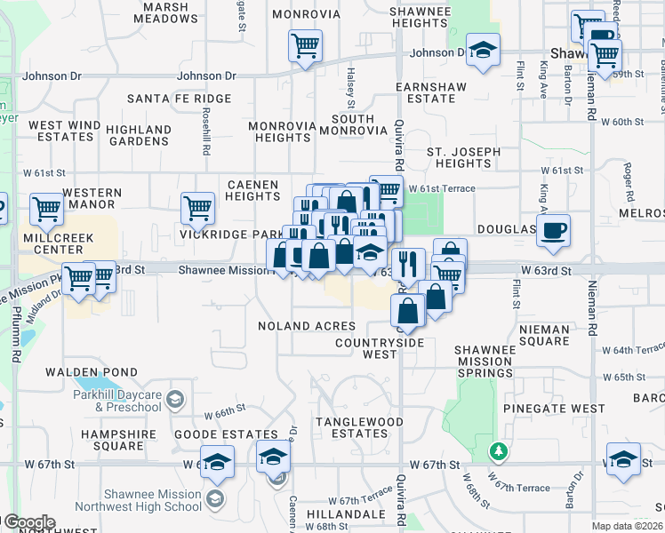 map of restaurants, bars, coffee shops, grocery stores, and more near 12164 Shawnee Mission Parkway in Shawnee