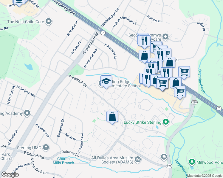 map of restaurants, bars, coffee shops, grocery stores, and more near 46725 Summit Terrace in Sterling