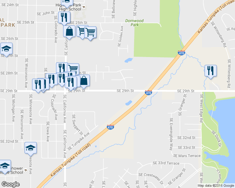 map of restaurants, bars, coffee shops, grocery stores, and more near 2423 Southeast 29th Street in Topeka