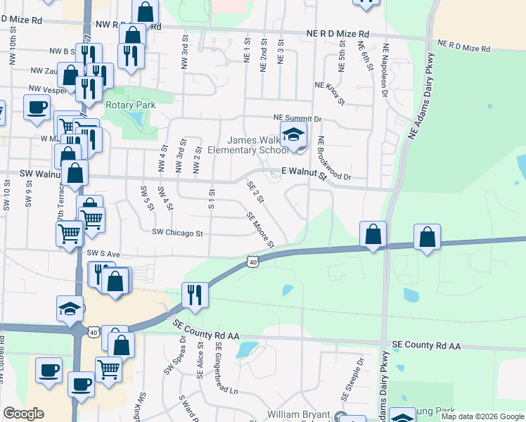 map of restaurants, bars, coffee shops, grocery stores, and more near 209 Southeast 2 Street in Blue Springs