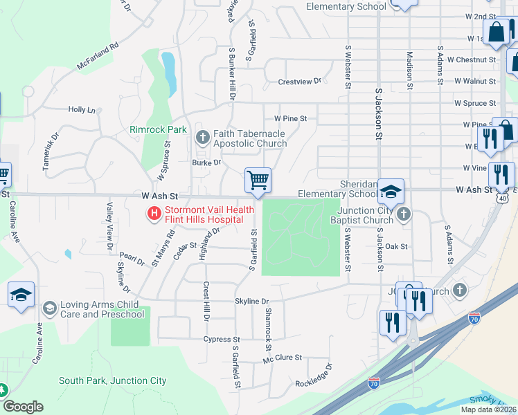 map of restaurants, bars, coffee shops, grocery stores, and more near 835 West Ash Street in Junction City