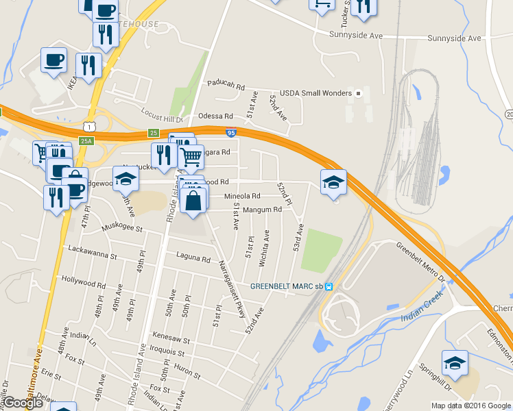 map of restaurants, bars, coffee shops, grocery stores, and more near 5112 Mangum Road in College Park