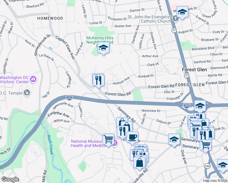 map of restaurants, bars, coffee shops, grocery stores, and more near 2515 Forest Glen Road in Silver Spring
